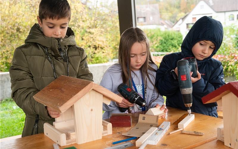 Die Kinder basteln zusammen Vogelhäuschen, ein Programmpunkt der Kinderbibelwoche in Rohrau. GB-Foto: Schmidt