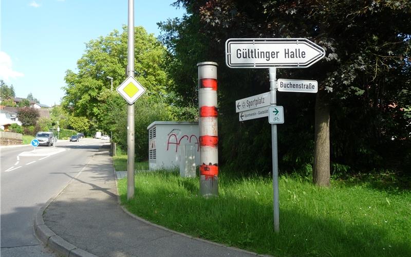 Die mit roter Farbe besprühte Blitzersäule an der Ecke Deckenpfronner Straße/Buchenstraße in der Gültlinger Ortsdurchfahrt. GB-Foto: Reichert