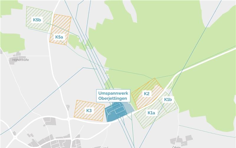 Drei Standorte für die Konverter-Hallen wurden von Transnet BW verworfen (orange markiert), dagegen hätten die grünen Flächen Potenzial. GB-Grafik: Transnet BW