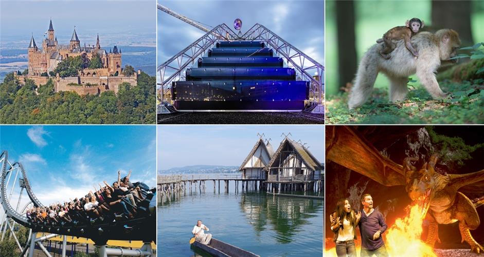 Einige Ziele der Familien-Tour 2024 (oben von links): Die Burg Hohenzollern, das Planetarium in Stuttgart und der Affenberg Salemsowie (unten von links) der Europark, die Pfahlbauten am Bodensee und die Filmstadt Bavaria in München.GB-Foto (Archiv): gb