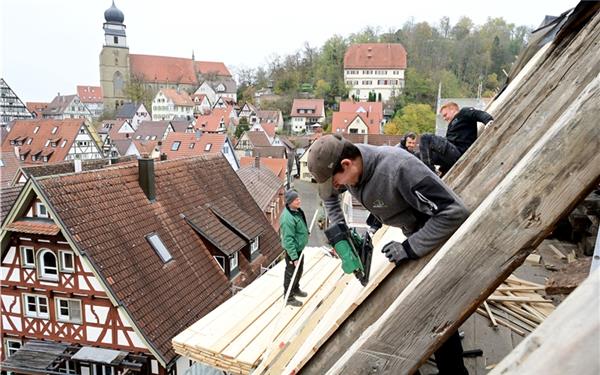 Fruchtkasten Herrenberg: Mit bester Aussicht erfolgen die Zimmerarbeiten am Dachstuhl. GB-Foto: Holom