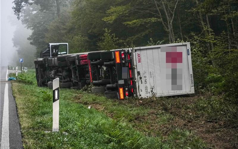 Lastwagen kippt im Spitalwald um und stürzt Böschung hinunter