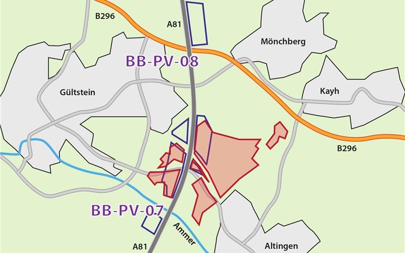 Rot unterlegt sind die Potenzialflächen für die FreiflächenPhotovoltaik, entlang der A 81 eingerahmt sind die ausgemachten Vorbehaltsgebiete für BB-PV-07, die seitens der Ortsvorsteher Gültstein, Kayh und Mönchberg abgelehnt werden. GB-Grafik: gb